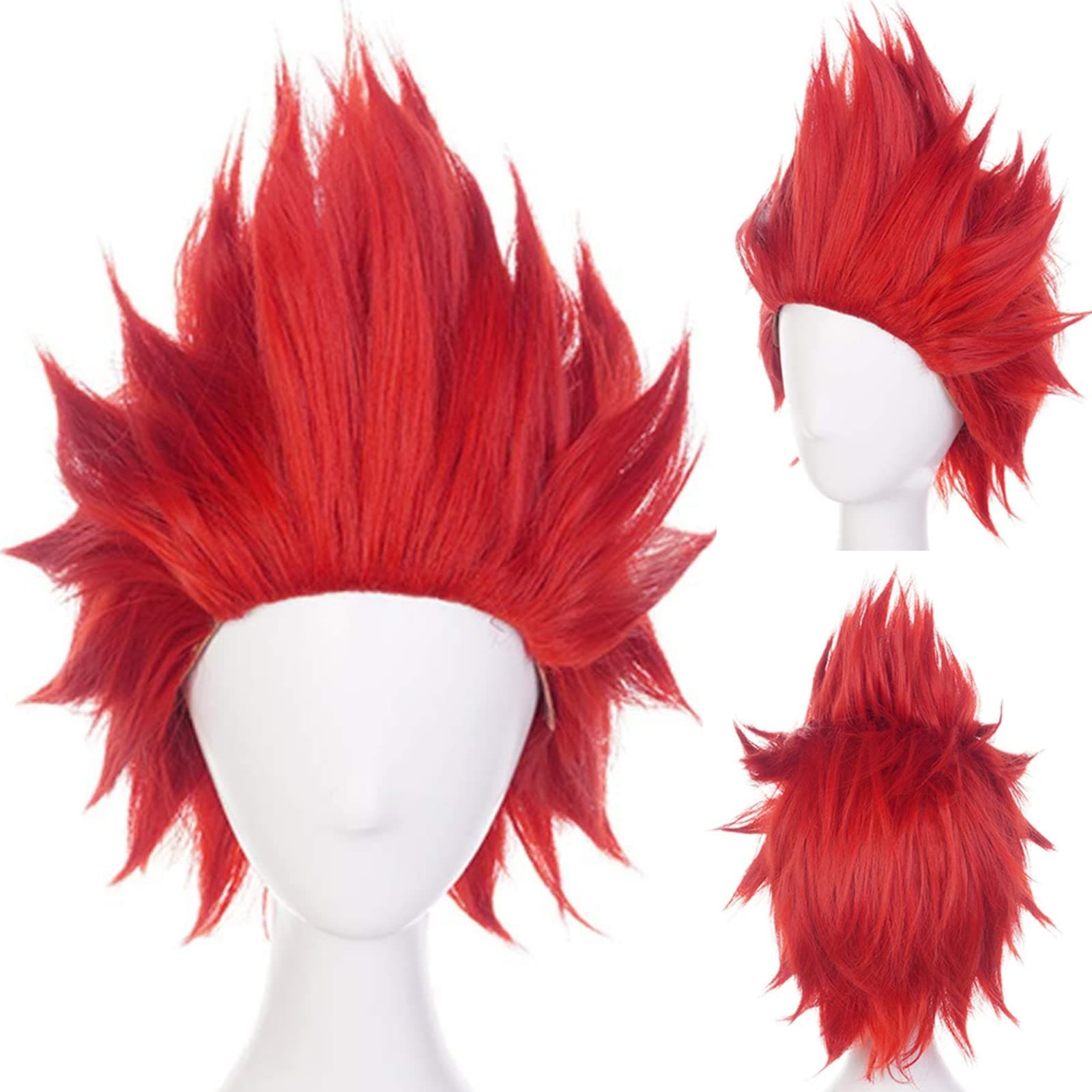 Hair Cap+ Short Red Anime Cosplay Wig Angry Wig Synthetic Red Crazy Hair Angry Outfit Short Spiky Wigs for Men Halloween Christmas Party Costume
