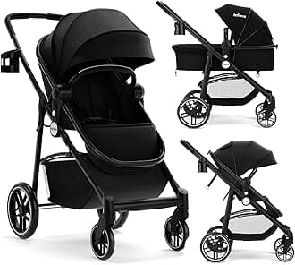 INFANS 2 in 1 Baby Stroller, High Landscape Infant Stroller & Reversible Bassinet Pram, Foldable Pushchair with Adjustable Canopy, Storage Basket, Cup Holder, Suspension Wheels (Black)