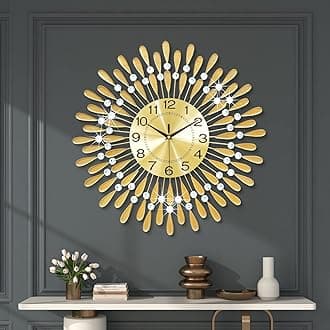 YIJIDECORLarge Wall Clocks for Living Room Big Modern Wall Clock Silent Battery Operated Non-Ticking for Bedroom Office Kitchen Home 24 Inch Metal Crystal Home Decorative Mid Century Gold Clock