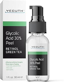 Glycolic Acid 30% Professional Chemical Face Peel with Retinol, Green Tea Extract - Acne Scars, Collagen Boost, Wrinkles, Fine Lines, Sun - Age Spots, Anti Aging, Acne - 1 fl oz - Yeouth Guaranteed