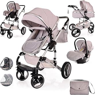 Baby Buggy Pram Pushchair Stroller 3 in 1 Child Lightweight Folding Stroller 3 in 1 Travel System Pram for Newborns & Toddlers 0-36 Months from Birth Aluminum (Light Grey - Silver Frame)