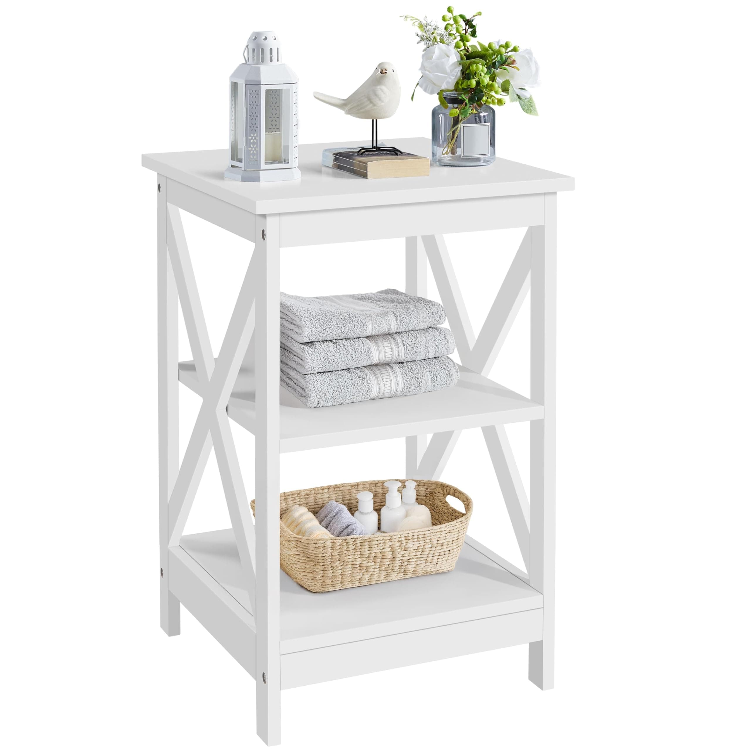 Yaheetech 3 Tier Sofa Side End Table with Shelf, X Shaped Sturdy Large Chair Side Snack Table for Living Room, Display Unit Organizer, White, 15.7 x 15.7 x 24’’ (L x W x H)