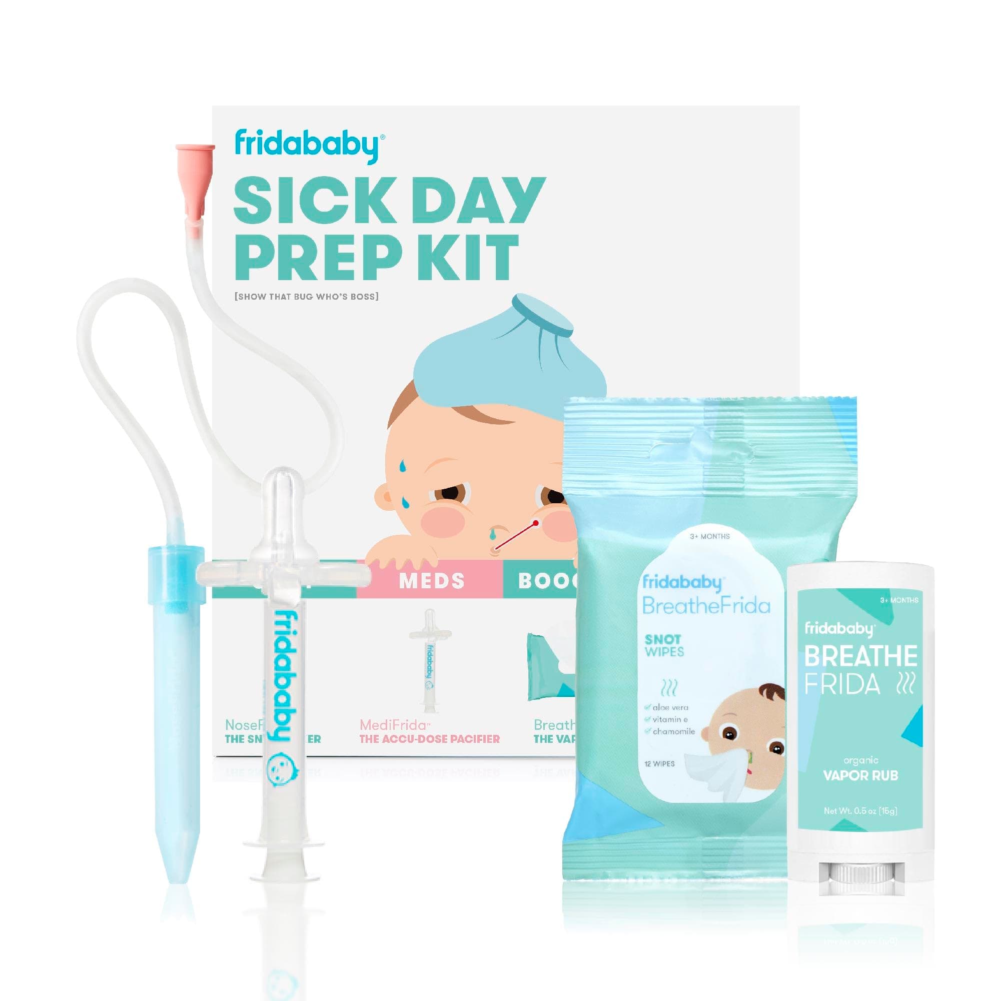 Frida Baby Sick Day Prep Kit, 4pc Set, Essentials Includes NoseFrida Nasal Aspirator, MediFrida Pacifier Medicine Dispenser, Breathefrida Vapor Chest Rub + Snot Wipes, Soothe Stuffy Noses for Babies