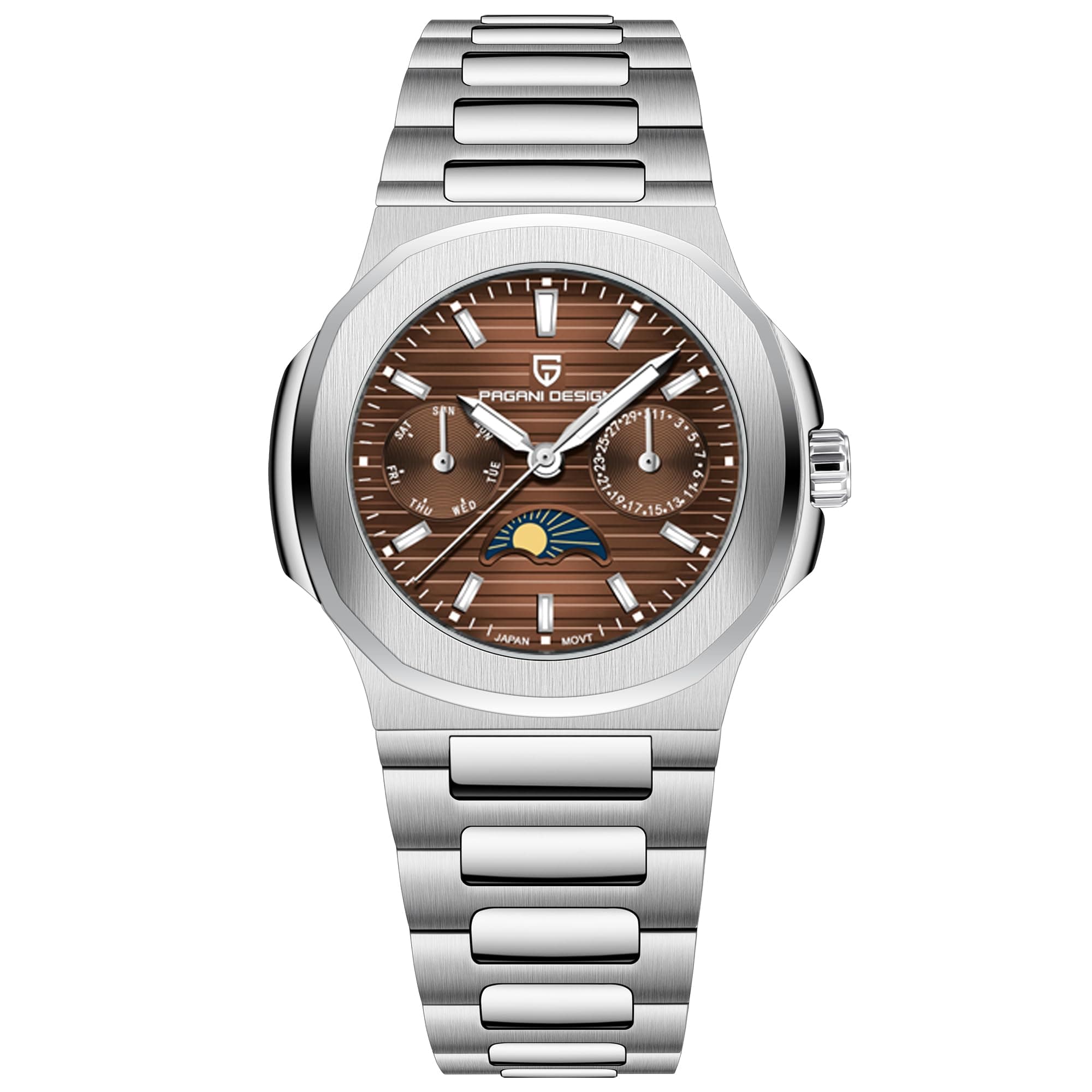 Pagani Design Luxury Women's Quartz Watch Multifunctional Chronograph Moon Phase VX3H Movement Full Stainless Steel Waterproof Luminous Elegant Lady Sport Wristwatch