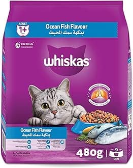 Whiskas Ocean Fish Dry Cat Food, Bag of 480g, for Adult Cats 1+ Years, Complete Nutrition and Great Taste Cat Dry Food