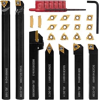 21-Piece Indexable Lathe Turning Tool Kit - 5/8 (16mm) Shank 7 Metal Lathe Tool Holders and 14 Carbide Inserts for Precision Turning, Grooving, Threading, and Boring