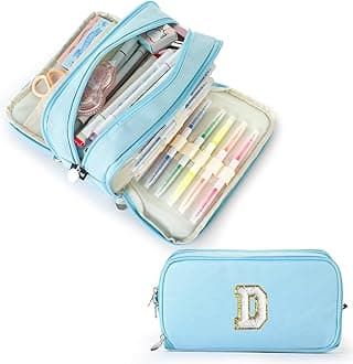 Extra Large Capacity Pencil Case 3 Compartment Initial Pencil Pouch Personalized Cute Aesthetic Stationery Pen Case Bag for School Teen Girl Boy Men Women Gift (D, Blue)