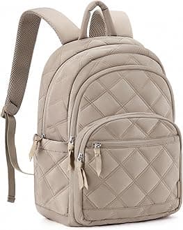 BAGSMART Travel Laptop Backpack, College Backpack for Women, Quilted Small Computer Bookbag, Water-Resistant 15.6 Inch Laptop Casual Bag, Beige