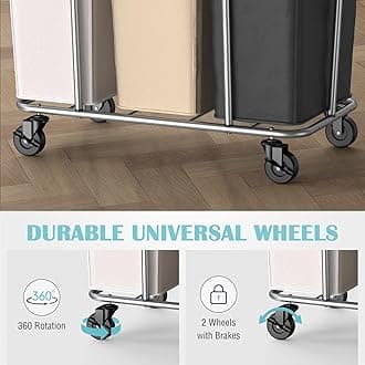 PLKOW Laundry Sorter 3 Section, 220L Large Laundry Cart with Wheels 3 Hamper Laundry Sorter with Steel Frame and Removable Bag, Rolling Laundry Cart for Home, Laundry Room, Hotel, 6 Bushel