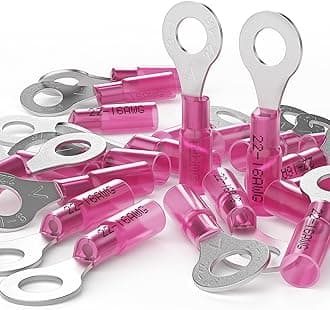 AIRIC 22-16 AWG - 1/4" Heat Shrink Ring Terminals, Copper Terminal Connector Ends, Battery Cable End Lugs,Red Insulated Electrical Crimp Wiring Connectors, Wire Lug for 22 20 18 16 Gauge Wires 100 PCS