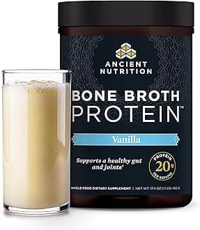 Ancient Nutrition Grass Fed, Cage Free, Bone Broth Protein Powder, 20g Protein, Hydrolyzed Collagen Peptides, Keto & Paleo Friendly, Supports Joint, Gut Health, Vanilla, 20 Servings
