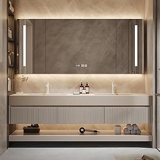 Double Sink Bathroom Vanity - Solid Wood Bathroom Vanity with Smart Defog Mirror Cabinet ＆ LED Light, Floating Double Bathroom Vanity with Abundant Storage Space (68''), Off-white