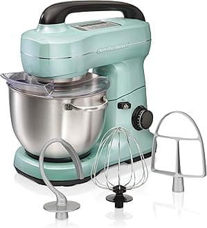 Electric Stand Mixer, 4 Quarts, Dough Hook, Flat Beater Attachments, Splash Guard, 7 Speeds with Whisk, Easy-Carry Top Handle, Aqua