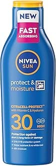 NIVEA SUN Protect & Moisture Sun Lotion SPF 30 (200 ml), Suncream with Vitamin C and Hyaluron, Provides 48H Moisture & Immediate UVA & UVB Protection, Fast-Absorbing No White Cast Formula