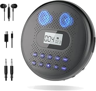 Portable CD Player with Dual Stereo Speakers, Rechargeable CD Player for Car with Anti-Skip Protection, Headphones and AUX Cable Backlight Buttons