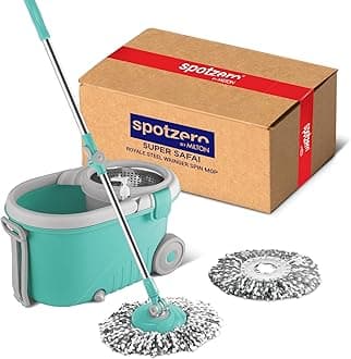 Spotzero by Milton Royale Stainless Steel Wringer Spin Mop with Big Wheel and Puller Handle, Bucket Floor Cleaning and Mopping System 360° Flexible,2 Microfiber Refills, Big Size, Aqua Green