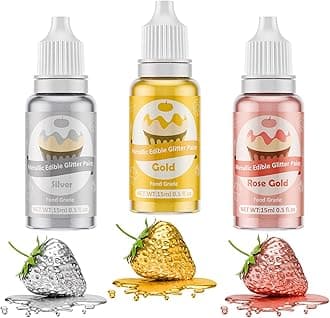 Edible Glitter Paint - 3 Colors Decorative Cake Metallic Glitter, Food Grade For Decorating, Baking, Candy, Cookie, Chocolate -0.5 Fl.Oz(15Ml)/Bottle (Gold,