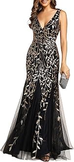 Women's Sequin Formal Dress Double V-Neck Sleeveless Mermaid Long Evening Prom Dresses 07886