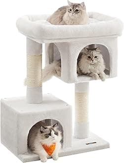Feandrea Cat Tree, 33.1-Inch Cat Tower, Plush Condo for Large Cats up to 16 lb, Large Perch, 2 Caves, Scratching Post, Cream White UPCT061T01