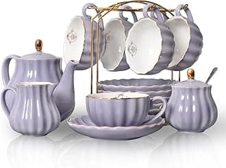 Porcelain Tea Sets British Royal Series, 8 OZ Cups& Saucer Service for 6, with Teapot Sugar Bowl Cream Pitcher Teaspoons and tea strainer for Tea/Coffee, Pukka Home(purple)