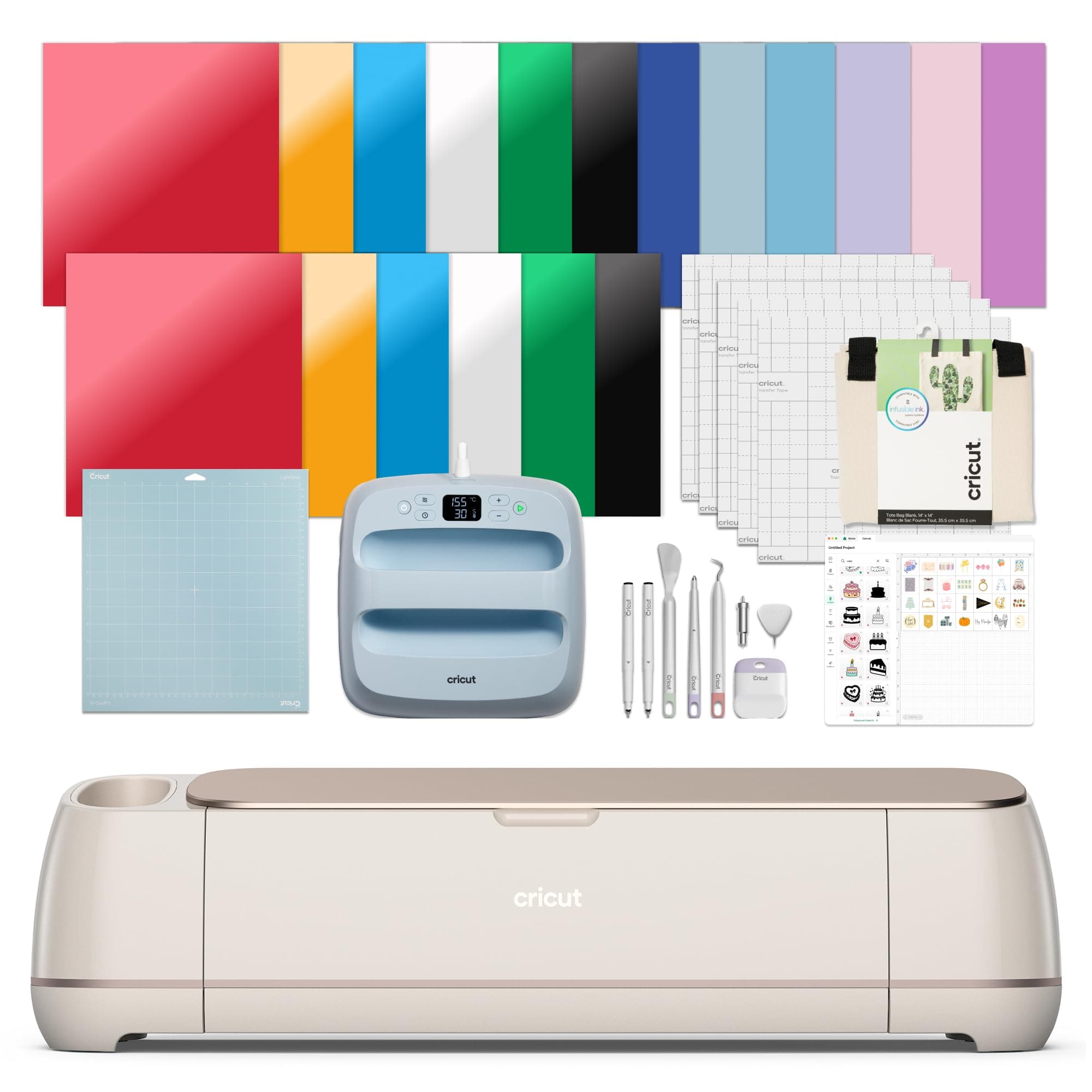 Maker 4 - Smart Cutting Machine (Seashell) | Engagement Plus Bundle - Includes EasyPress 3 Heat Press (9x9) + Mat, Tote Bag, Material Samplers, Machine Mat, Pens, Tools, & 30 Digital Images