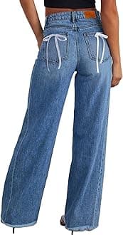 Sidefeel Women's Bowknot Wide Leg Jeans High Waisted Strechy Raw Hem Denim Pants