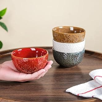 Nestasia Ceramic Bowl for Snacks - Dishwasher & Microwave Safe Bowl Set of 4, Leaf Embossed Design Serving Bowl Set for Rice, Dal, Vegetables, Fruits, Salad, Maggi & Noodles (Multicolor - 250ml)