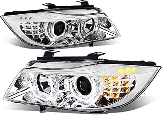 Auto Dynasty LED Halo Headlights Assembly Compatible with 2009-2012 BMW E90 320i 323i 325i 4-Dr Sedan, Left and Right Side, 3D Dual Crystal U-Halo, Projector Low Beam, LED Turn Signal, Chrome Housing