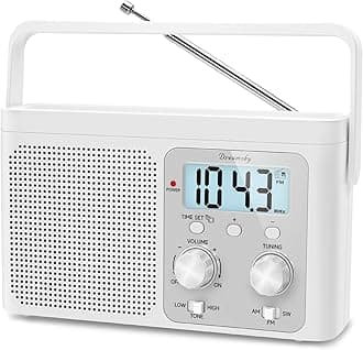 DreamSky AM Portable Shortwave FM Radio, Plug in Wall or Battery Powered, Strong Reception, Transistor Antenna, Large Analog Dial, Digital Display, 12/24 Hour, Connector for
