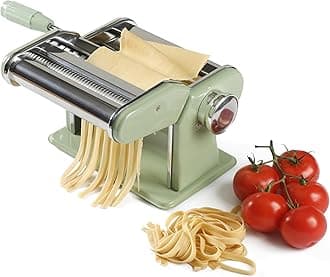 Sur La Table Kitchen Essential Va Bene Manual Pasta Maker Machine Noodle Maker w/Rollers & Cutters - Spaghetti, Fettuccini, Lasagna or Dumpling Skin - Stainless Steel/Juniper Green