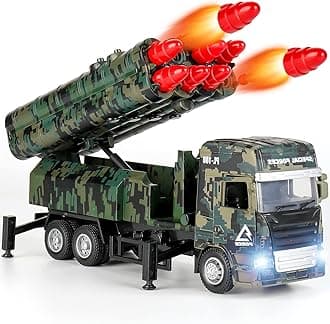 Missile Launch Toy Vehicle, Missile Launchable Alloy Truck, Pull Back Military Vehicle Model, Lights & Sounds Pretend War & Action, 8 Missiles Military Die Cast Car Fighting Truck Gift for Boys