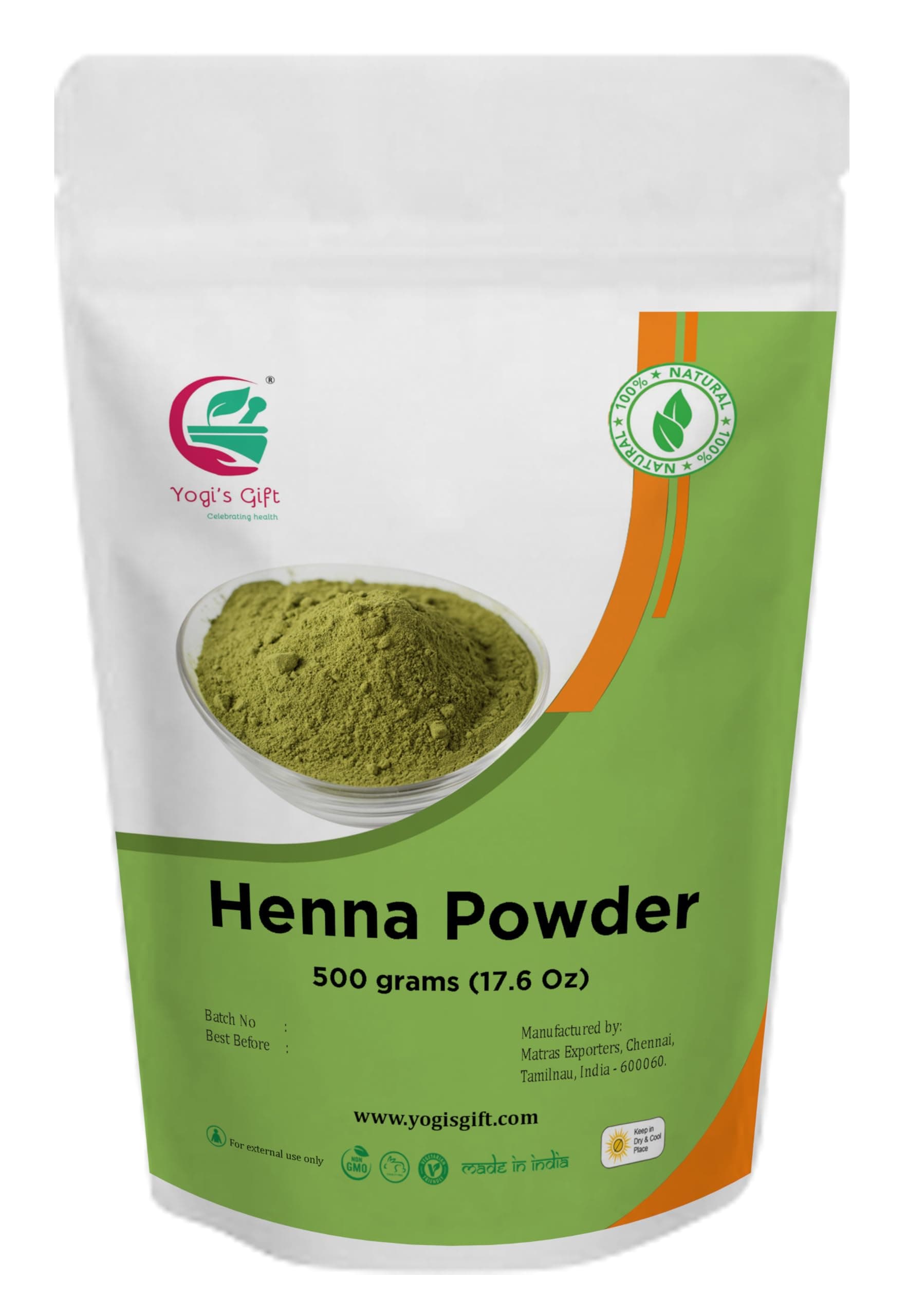YOGI'S GIFT Henna Powder for Hair Color/Dye (500 Grams /1.1 Lb) - 100% Pure & Natural Red Hair Color - With High Lawsone Content - For Normal Hair, Red Hair Color - Includes FREE GLOVES and HEAD CAP