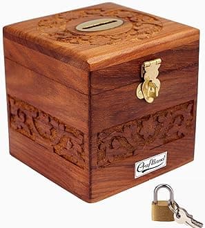 Craftland Wooden Money/Piggy Bank, Money Box, Coin Box with Carved Design for Kids/Children. with Lock