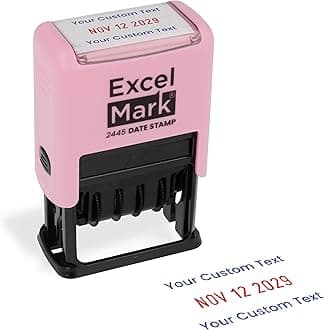 ExcelMark 2445 Date Stamp with Text - Blue and Red Ink (Pink Mount, Custom)
