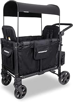 W2 Elite Pro Stroller Wagon (2 Seater) - Collapsible Wagon Stroller with Seats with 5-Point Harnesses, Adjustable Push Handle, and Adjustable Sun Canopy, Jet Black