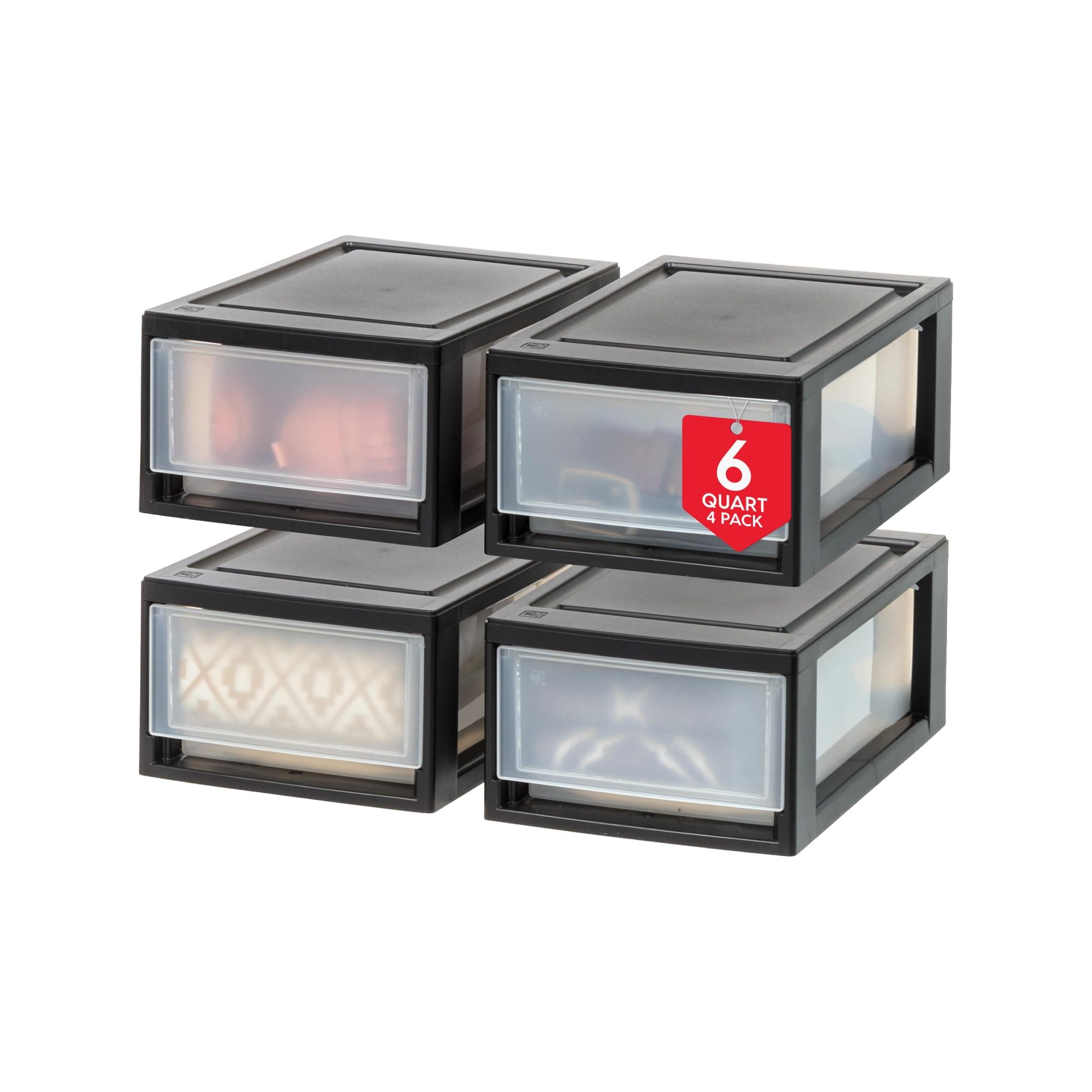 IRIS USA MSD-1 Compact Stacking Drawer, Black, 6 Quart, 4-pack