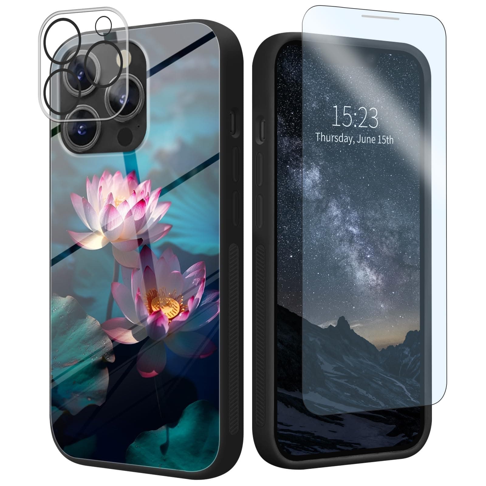 for iPhone 15 Pro Max Case with Screen and Camera Lens Protector Tempered Glass Back and Soft TPU Bumper Shock Protective for Woman and Man Cover for Apple iPhone 15 Pro Max 6.7",Pink Lotus