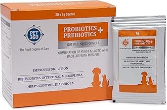 PET360 PROBIOTICS + PREBIOTICS Gut Wellness Formula for Dogs & Cats - 20 Sachets | 2.5 Billion CFU Yeast + 150 Million Lactic Acid Bacilli with MOS & FOS for Improved Digestion & Control Diarrhoea