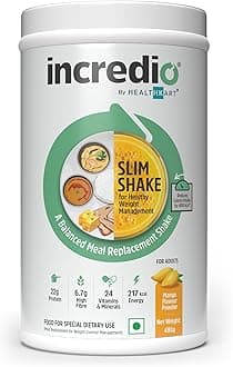 by Healthkart Slim Shake for Weight Management (Mango, 480g) | Meal Replacement Shake with 22g Triple Blend Protein (Whey, Soy & Casein)