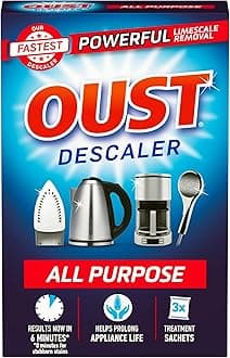 Oust Powerful All Purpose Descaler, New Formula, Limescale Remover – Ideal for Kettles, Coffee Machines, Irons and Shower Heads, 3 Sachets