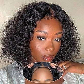 Bob Wig Human Hair 4x4 Wear and Go Glueless Wigs Pre Cut 180% Density Deep Wave Bob Wigs for Black Women Beginner Friendly Natural Color (Glueless Curly Wig, 8inch)