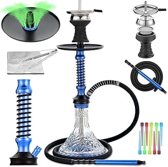 Hookah Set with Everything,20"Shisha Hookah Set with Glass Vase,Portable Glass Hookah Set with Hookah tips,Hookah hose,Hookah Ceramic Bowl.(Blue)
