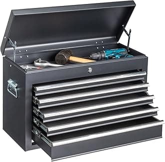 Winado 24" Portable Metal Tool Box, 5 Drawers Toolbox with Top Storage Tray, Carry Handle, Ball Bearing Runners, Lockable Tool Chest Cabinet for Garage, Warehouse, Repair Shop & Home, Black