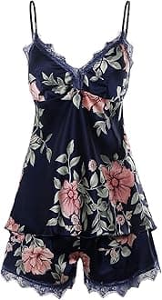 BellisMira Sexy Slip Satin Nightwear Lace Cami Padded/Unpadded Flower Pajamas V-Neck Sleepwear Floral Silk Nighty for Women