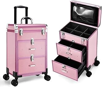Adazzo Professional Rolling Makeup Train Case with Drawers, Large Cosmetic Trolley with Locks, Matte Pink
