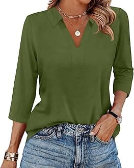 Women's 3/4 Sleeve V-Neck Collared Tops Summer Business Casual Work Polo Shirts 2025 Trendy Loose Fit Basic Tees
