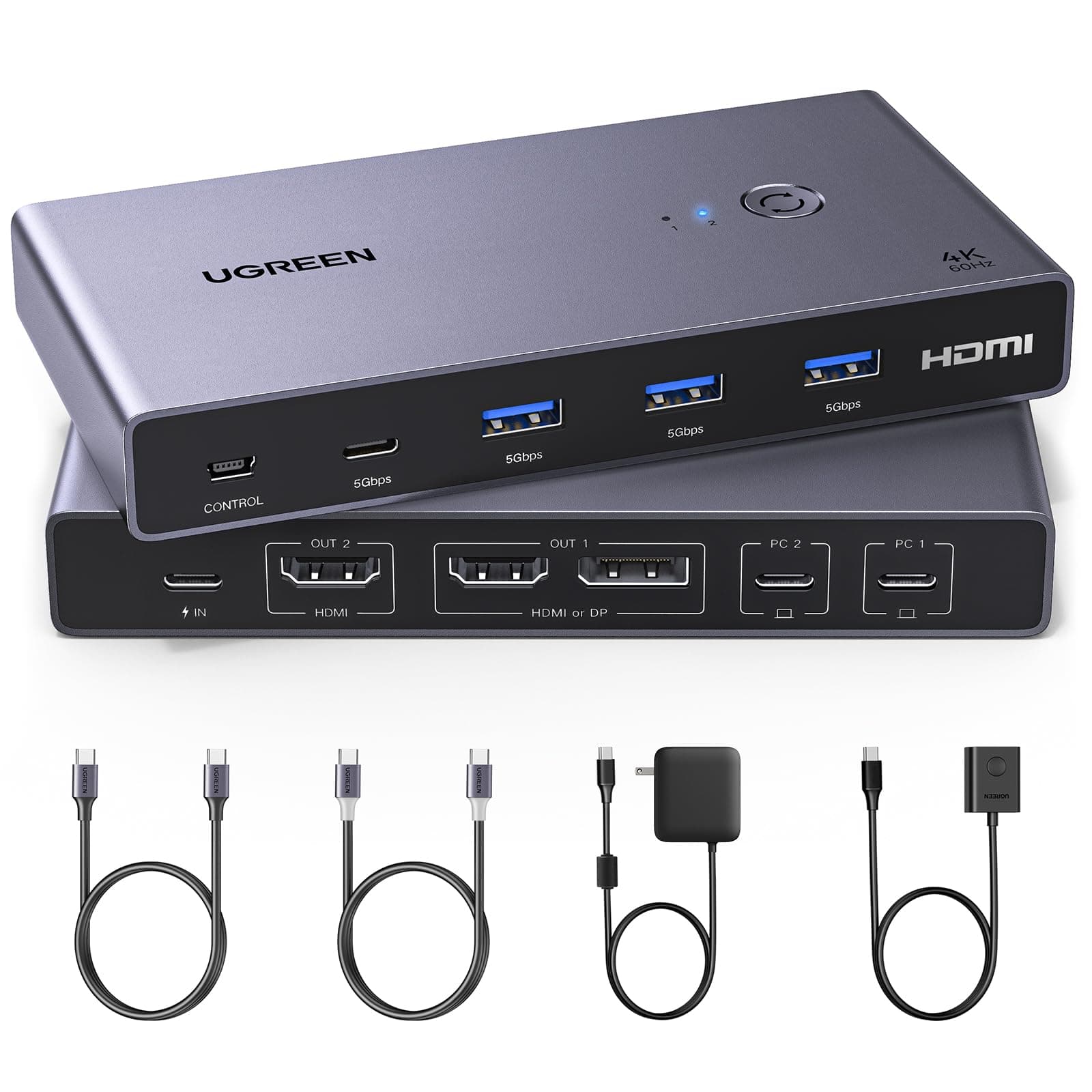 UGREEN USB-C KVM Switch 2 Monitors 2 Laptops 4 USB 3.0 Ports for 2 4K@60Hz 2 Laptops Dual Monitor Sharing Keyboard Mouse HDD Printer PD100W with Power Adapter 2 USB Cables Controller