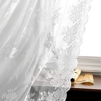Kotile White Lace Curtains, 45 Inch Length, Short Vintage Curtains for Kitchen Windows, Country Floral Lace, Sheer Rod Pocket, 52 x 45 Inch, 2 Panels