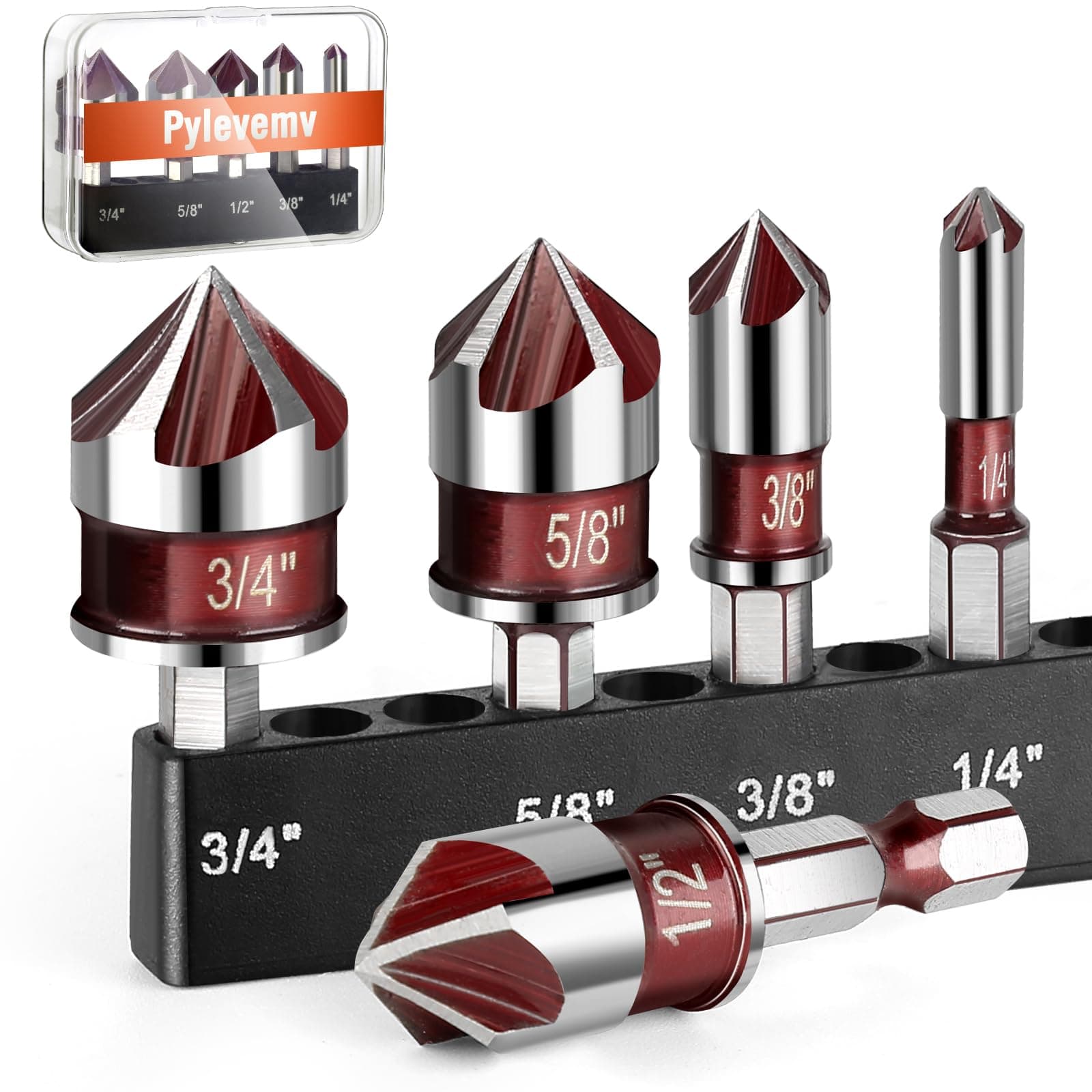 5Pcs Countersink Drill Bit Set, Premium Countersink Drill Bit with 82-Degree, 5 Flutes, Quick-Change Hex Shank, 1/4 Inch to 3/4 Inch Size, Countersink Drill Bits for Wood, Metal, Plastic