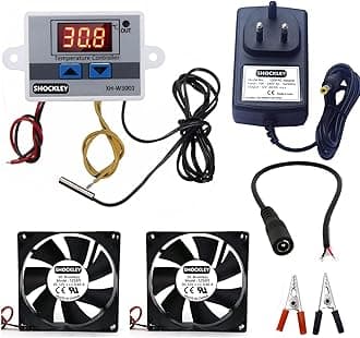 Shockley XH-W3001-50 to 110c Intelligent Digital Thermostat temperature controller combo XH-W3001 (12V Without Direct Output) + 12V 2AMP Adapter + 2 FAN + Alligator Clips + DC Female JACK